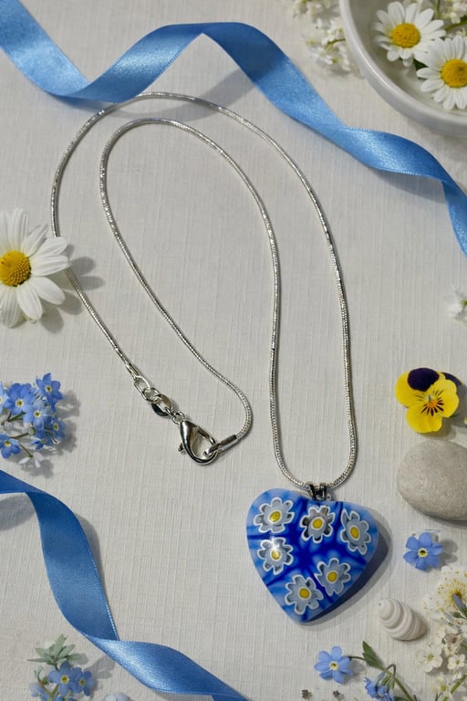 Murano Glass Blue Heart Necklace with Yellow Millefiori Flowers