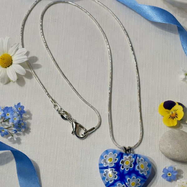 Murano Glass Blue Heart Necklace with Yellow Millefiori Flowers