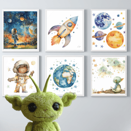 Watercolour Nursery Prints - 'Travel to Space' - Astronaut, Planets, Alien, Rock