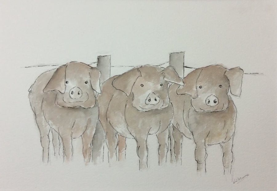 Waiting for dinner - original painting of farmyard pigs