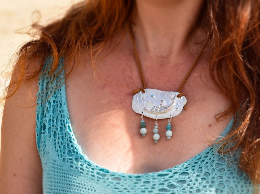Into The Kelp Forest ocean pendant in fine silver with opals and turquoise