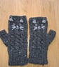 Dark Grey Hand Knitted Fingerless Gloves With Embroidered Pussy Cat Face (J181)