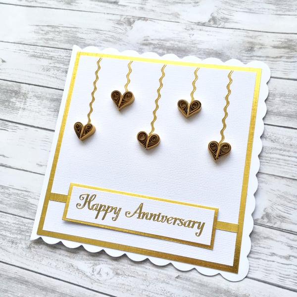 Golden Anniversary card, Golden Wedding - quilled hearts - boxed option
