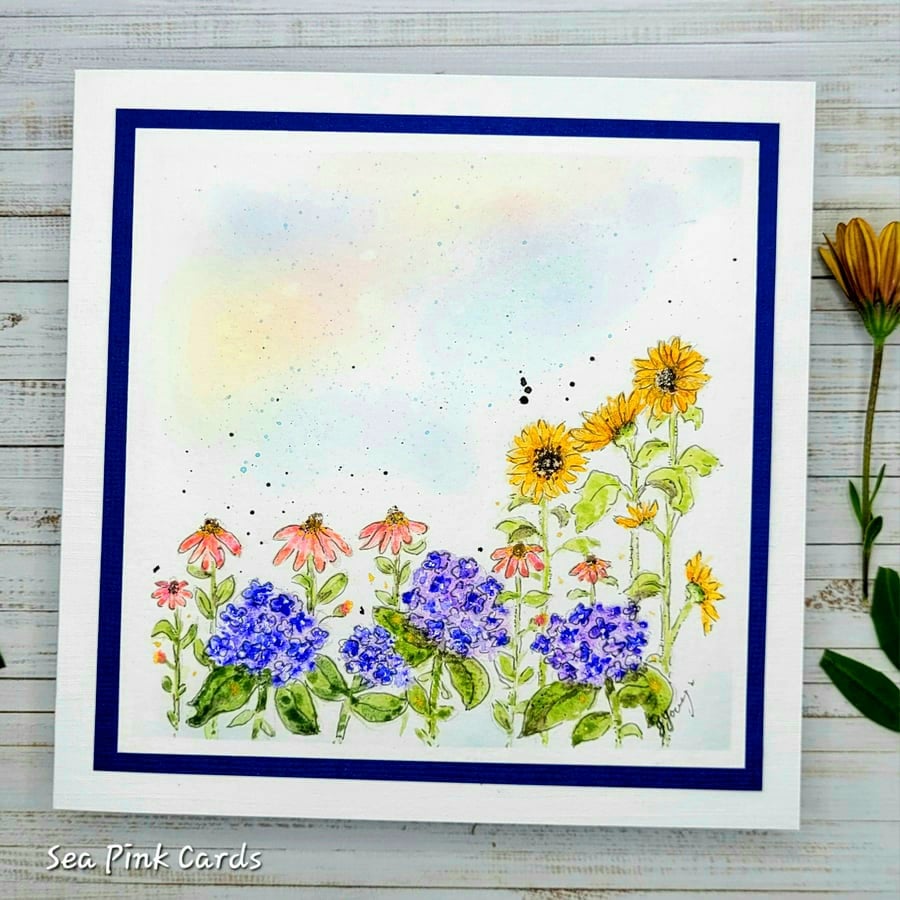 Hydrangea Blank Card - handpainted, original, british garden favourites