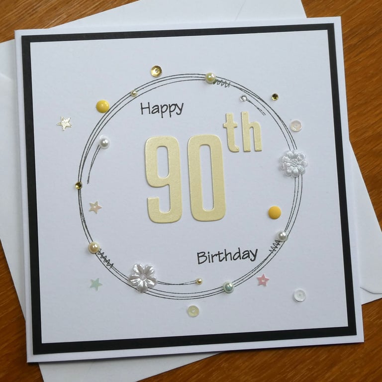 90th Birthday Card - Pastel Yellow Wreath Design 
