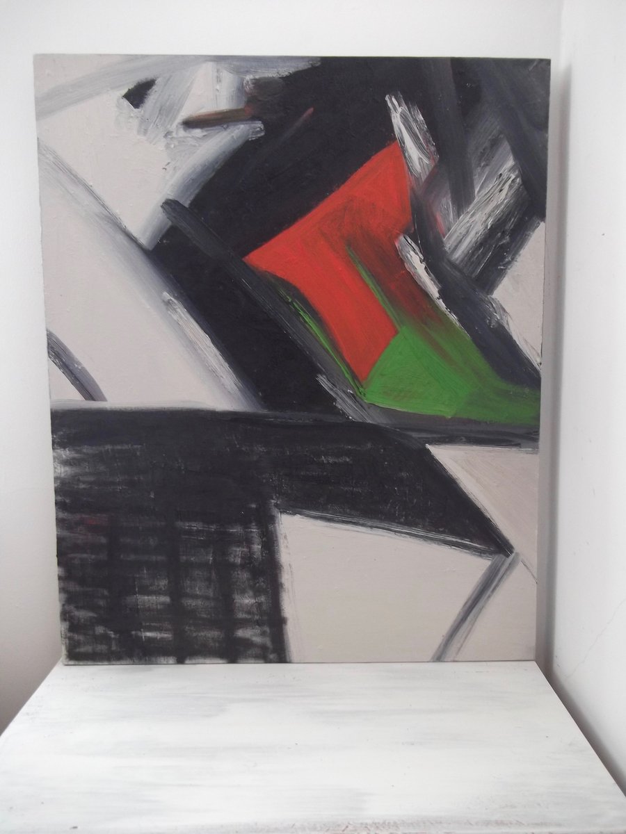 Abstract Oil Painting Mid Century Style Grey,Green,Red Back, Abstract Art,