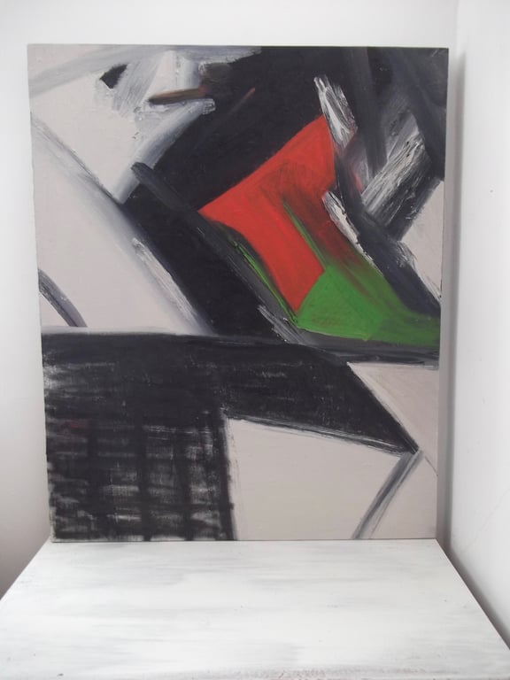 Abstract Oil Painting Mid Century Style Grey,Green,Red Back, Abstract Art,