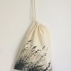Wild Meadow Grasses hand printed natural cotton drawstring bag small stuff bag