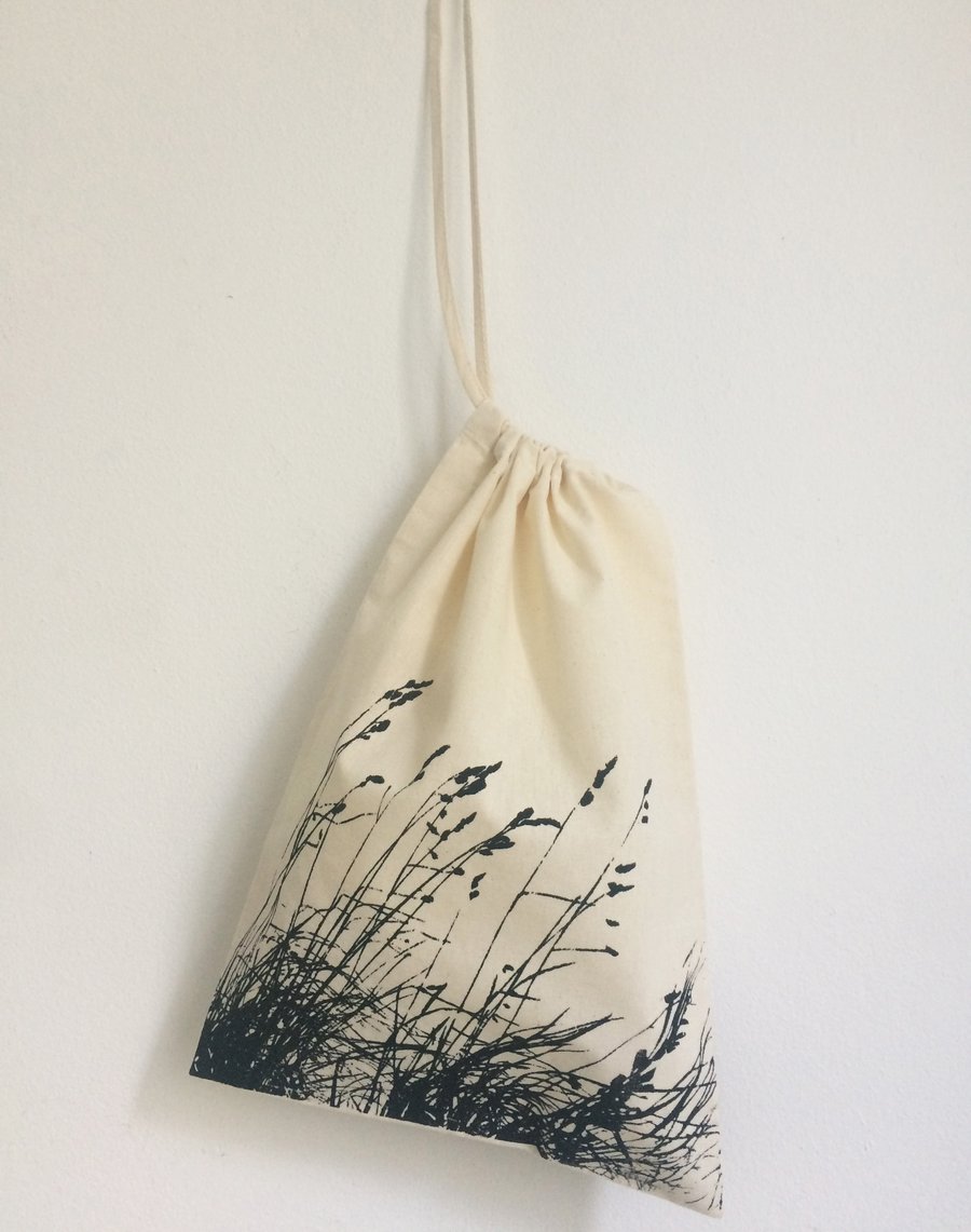 Wild Meadow Grasses hand printed natural cotton drawstring bag small stuff bag