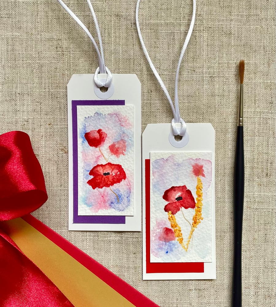 Pair of Hand painted, floral gift tags, poppy flowers.