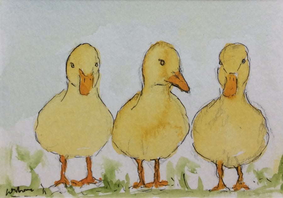 Ducklings - small original watercolour - ACEO