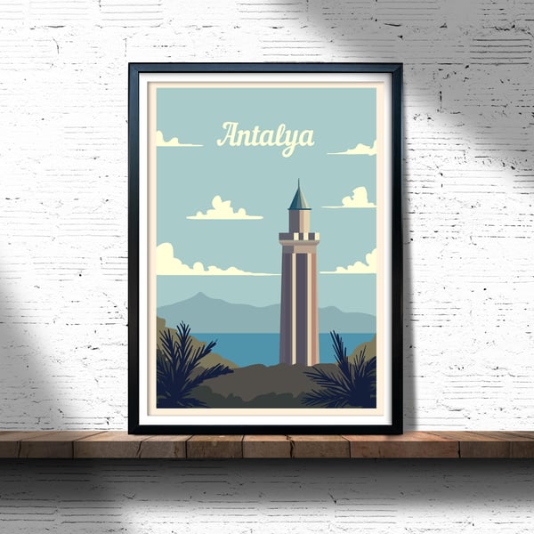 Antalya retro travel poster, Turkey travel poster