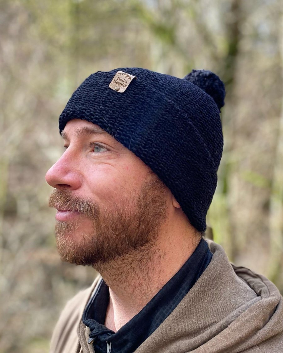 Bobble style beanie hat in Liquorice wool (unisex)