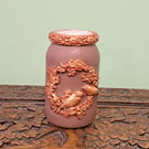 Handcrafted vase. Brown with bird embellishments. From upcycled jar
