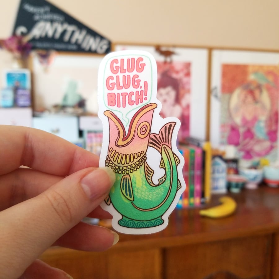Gluggle Jug Hydration Reminder - glug glug b-tch water bottle fish sticker 