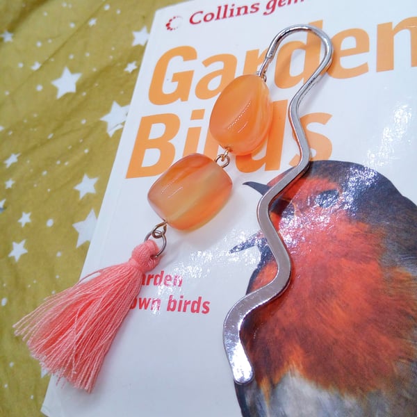 Beaded Bookmark with Red Carnelian Beads and an Orange Tassel