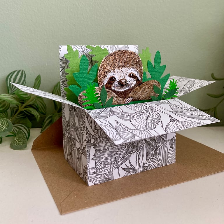 Sloth card; Personalised, birthday or blank. Sloth in a box gift card holder.