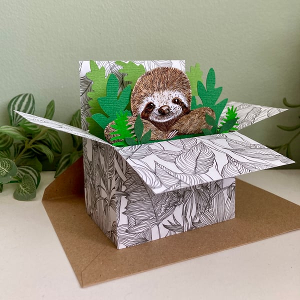 Sloth card; Personalised, birthday or blank. Sloth in a box gift card holder.