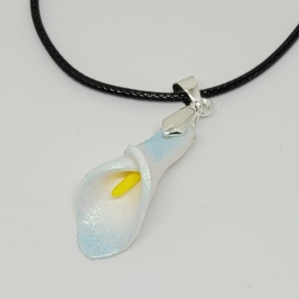 Calla lily pendant unique artisan necklace crafted with polymer clay blue