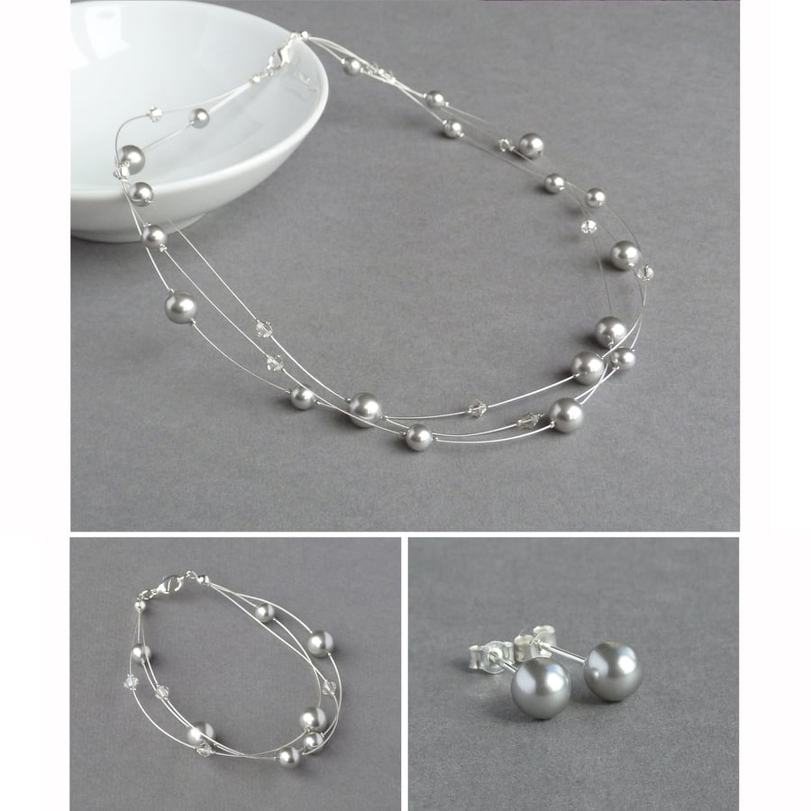 Silver Floating Pearl Jewellery Set - Light Grey Necklace, Bracelet and Earrings