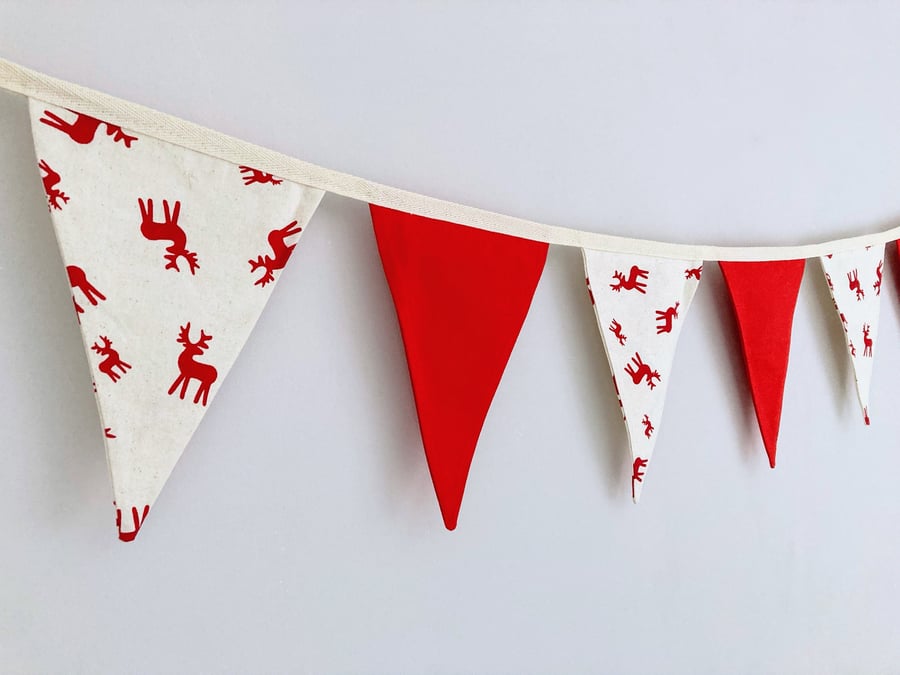 Christmas red reindeer on cream red double sided cotton fabric bunting. 