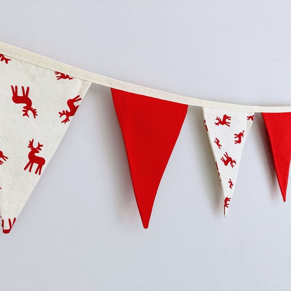 Christmas red reindeer on cream red double sided cotton fabric bunting. 