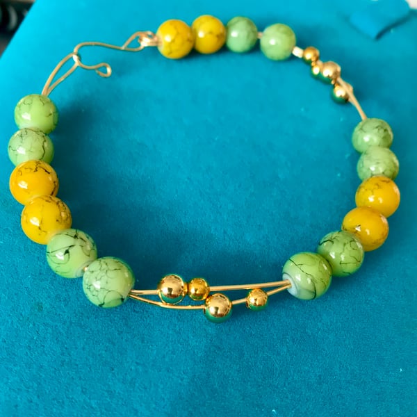Boho Gold Bangle Bracelet - Yellow & Green Glass Beads