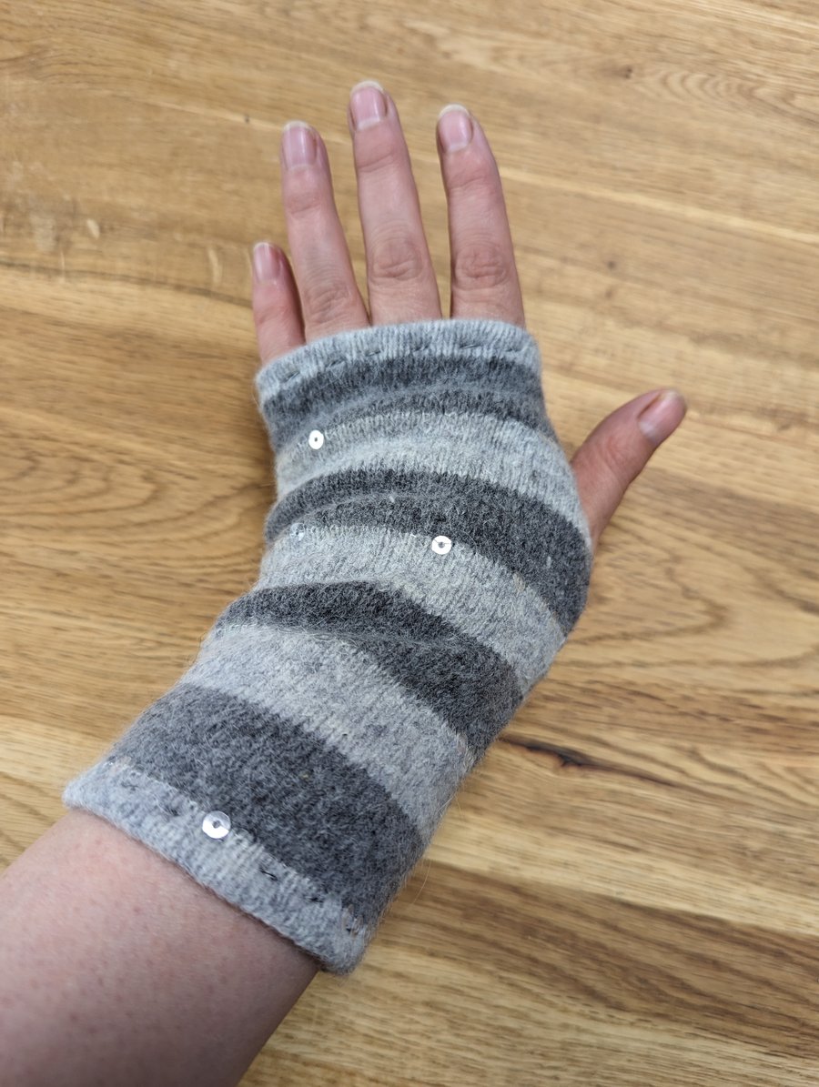 Stripey Grey Wrist Warmers Upcycled from Lambswool and Angora Cardigan