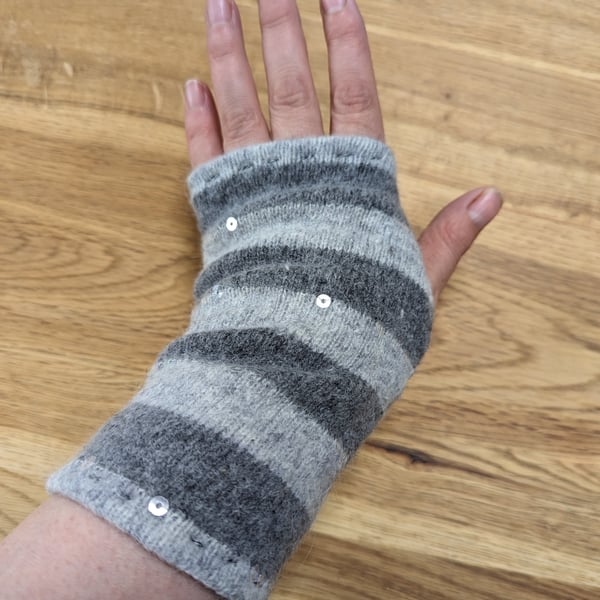 Stripey Grey Wrist Warmers Upcycled from Lambswool and Angora Cardigan