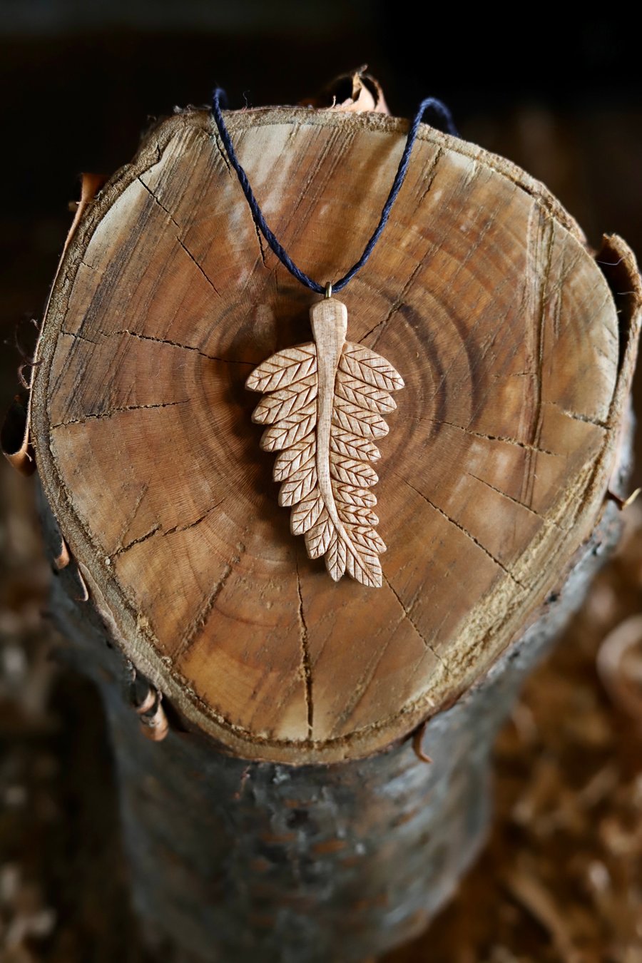 Forest Fern Leaf Pendant Necklace Hand Carved from naturally fallen cherry wood 