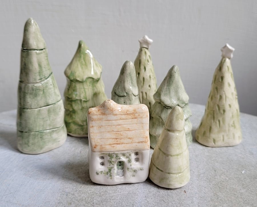 Miniature ceramic house & Christmas fir tree handmade Cake topper, new home gift