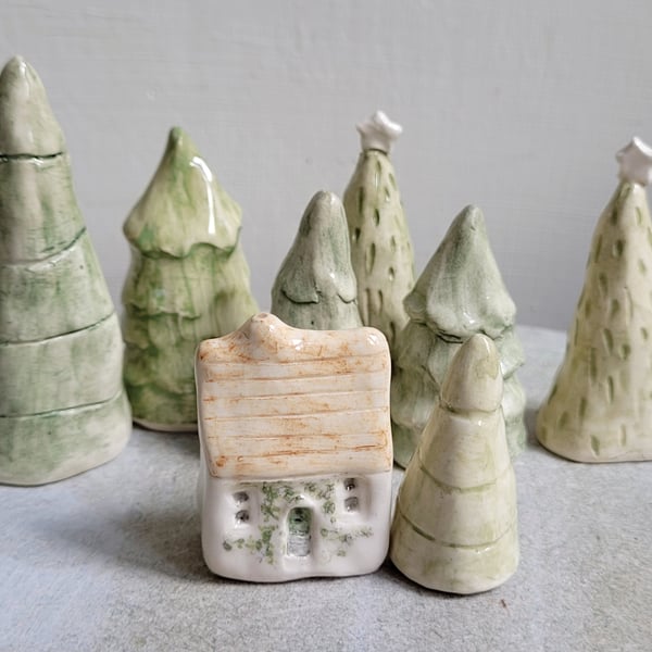 Miniature ceramic house & Christmas fir tree handmade Cake topper, new home gift