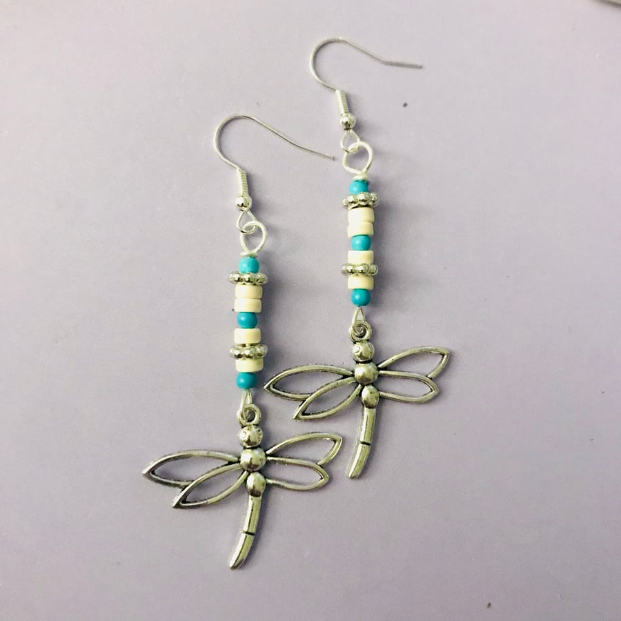 Dragonfly earrings, Semi Precious Turquoise Beads on Silver Plate, Freepost