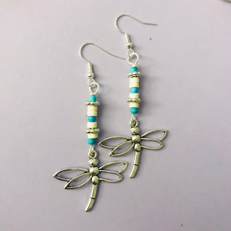 Dragonfly earrings, Semi Precious Turquoise Beads on Silver Plate, Freepost