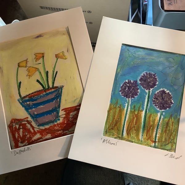 Two beautiful original oil pastel drawings. Flowers, alliums, daffodils. 