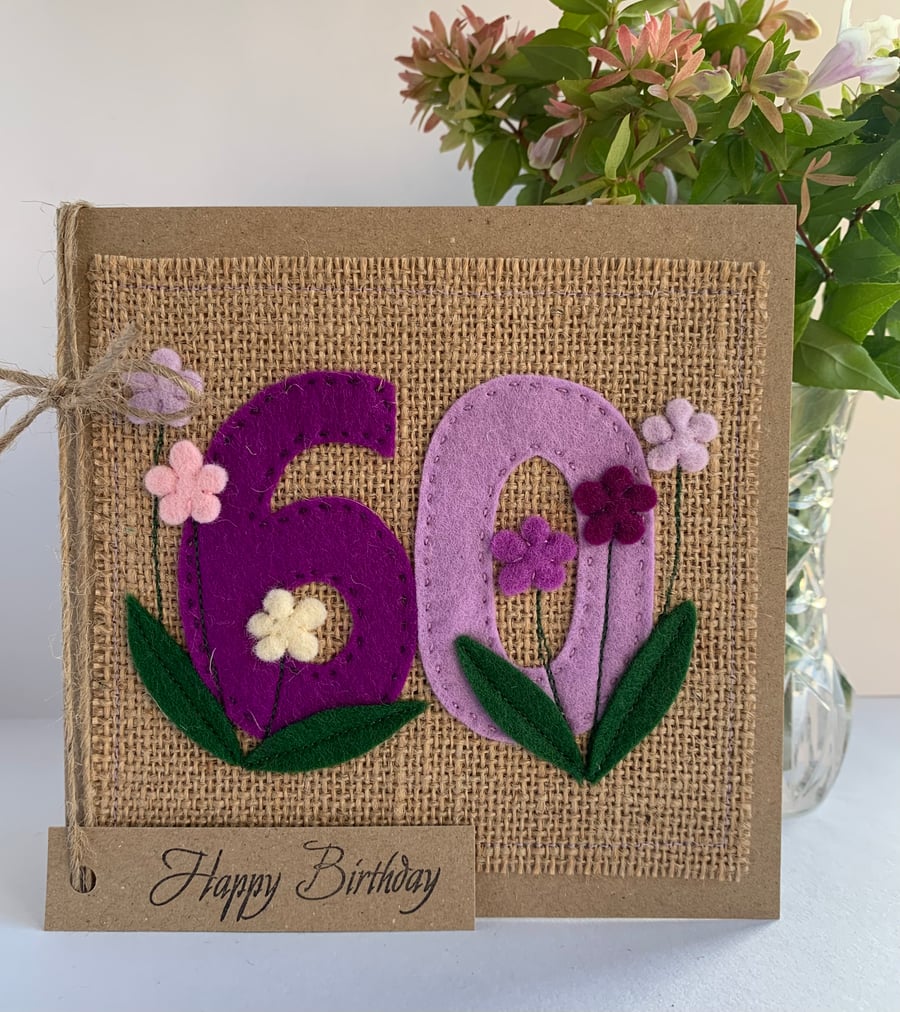 Handmade 60th Birthday Card. Felt. Keepsake Card. Textile card.