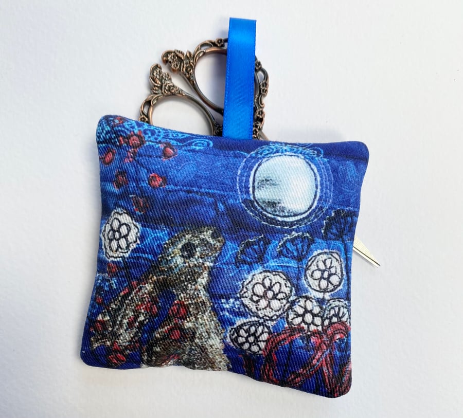 Handmade hare moonlit garden lavender hanging bag with ribbon, scented gift. 