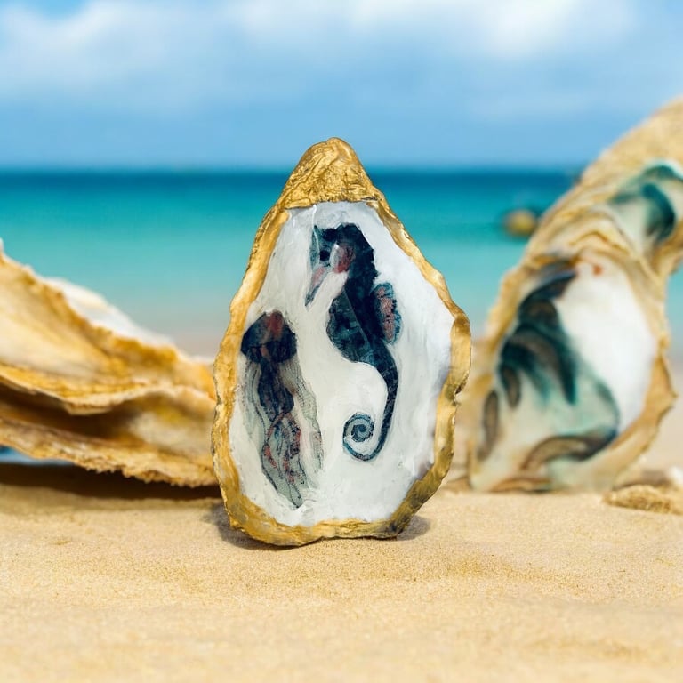 Seahorse Oyster Shell Decoupage - Large Deep Trinket Dish - Gift Boxed