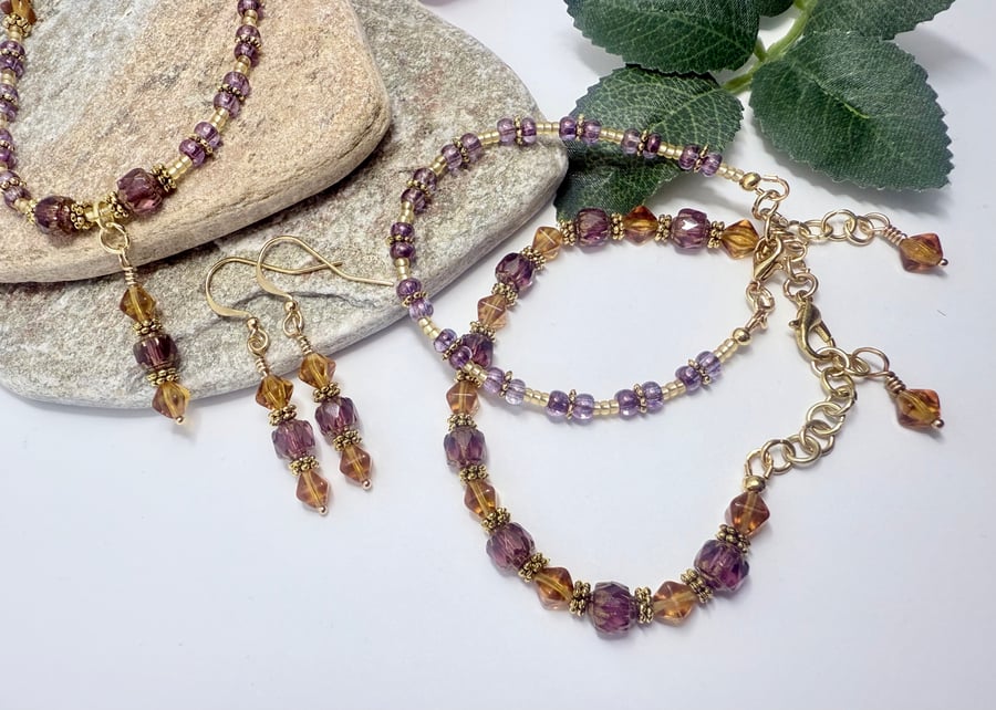 Handmade lilac and amber Czech Glass Bead Jewellery set