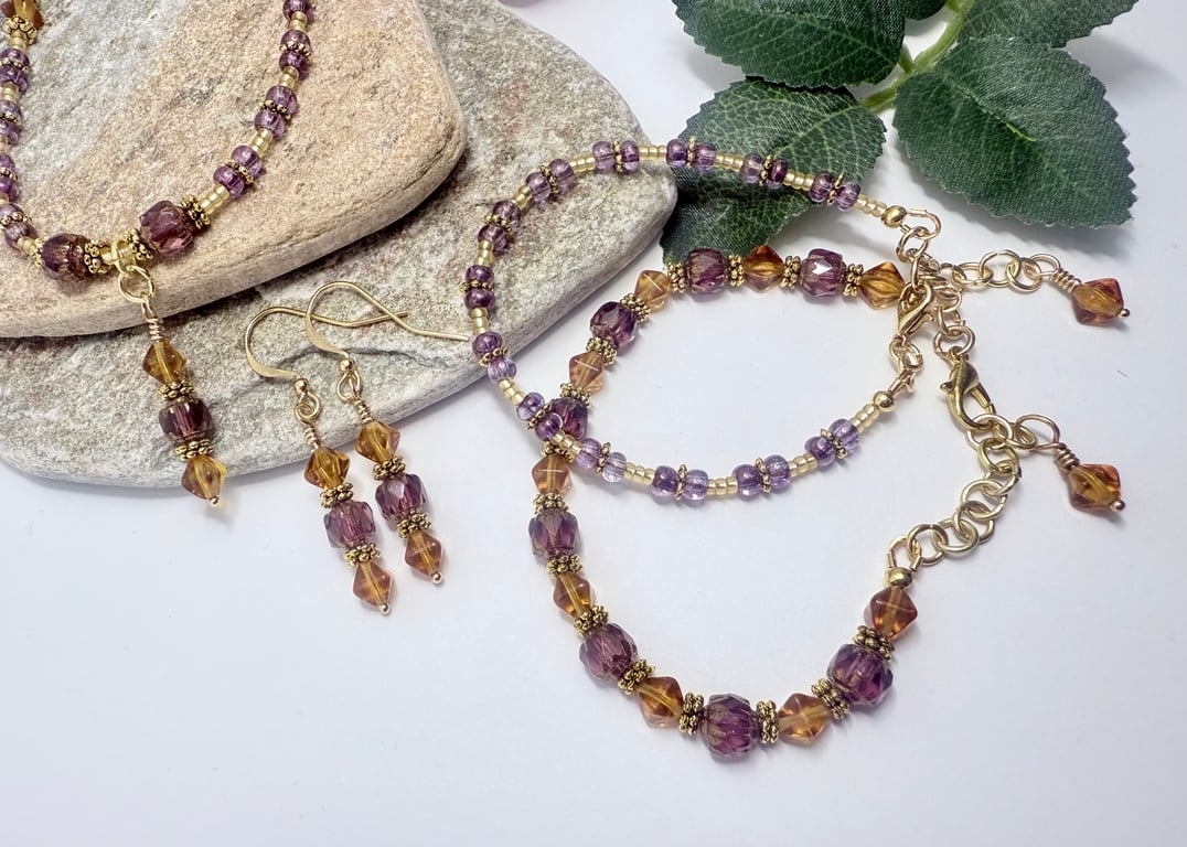 Handmade lilac and amber Czech Glass Bead Jewellery set