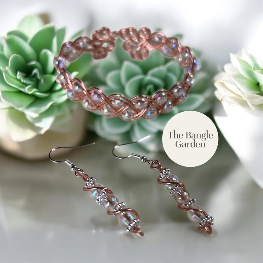 Handmade wire wrapped copper coloured bangle & earring set.