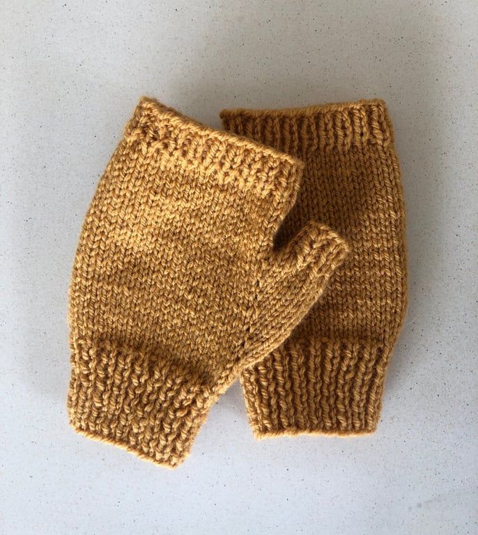 Fingerless Gloves or Mitts, Hand Knitted in Ochre - one size to fit most adults