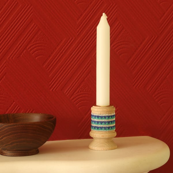 Aztec Design Beaded Wooden Candleholder in Blue and Green