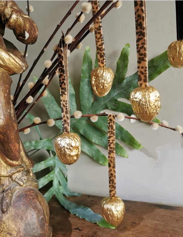 Gold Walnuts on leopard print velvet ribbon 