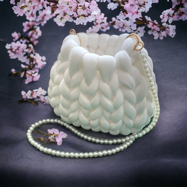 Handmade Bag - White colour Yarn with Pearls Chain