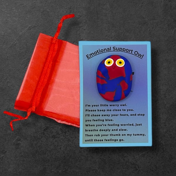 Red and Blue Worry Stone Owl - Emotional Support Owl Fidget Stone