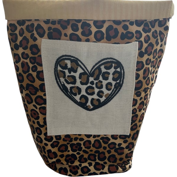 Animal Print, Embroidered Heart Pocket, Fabric Basket
