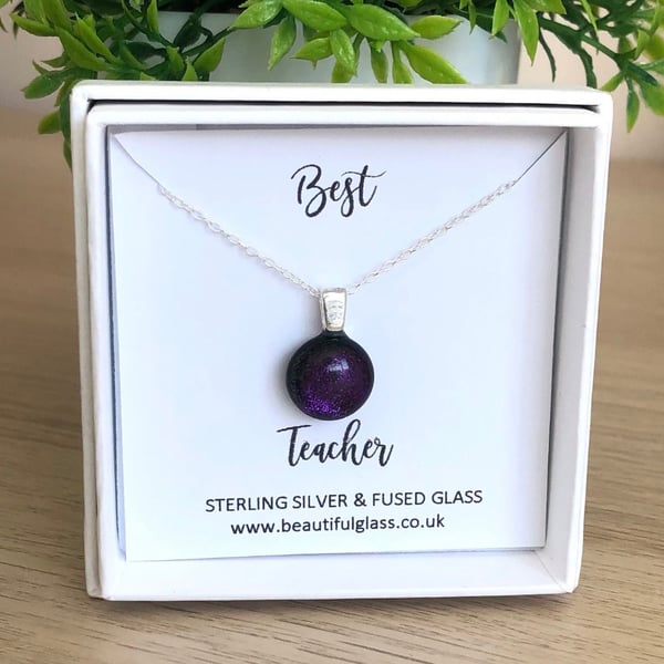 Best Teacher necklace, dichroic fused glass, sterling silver gift 