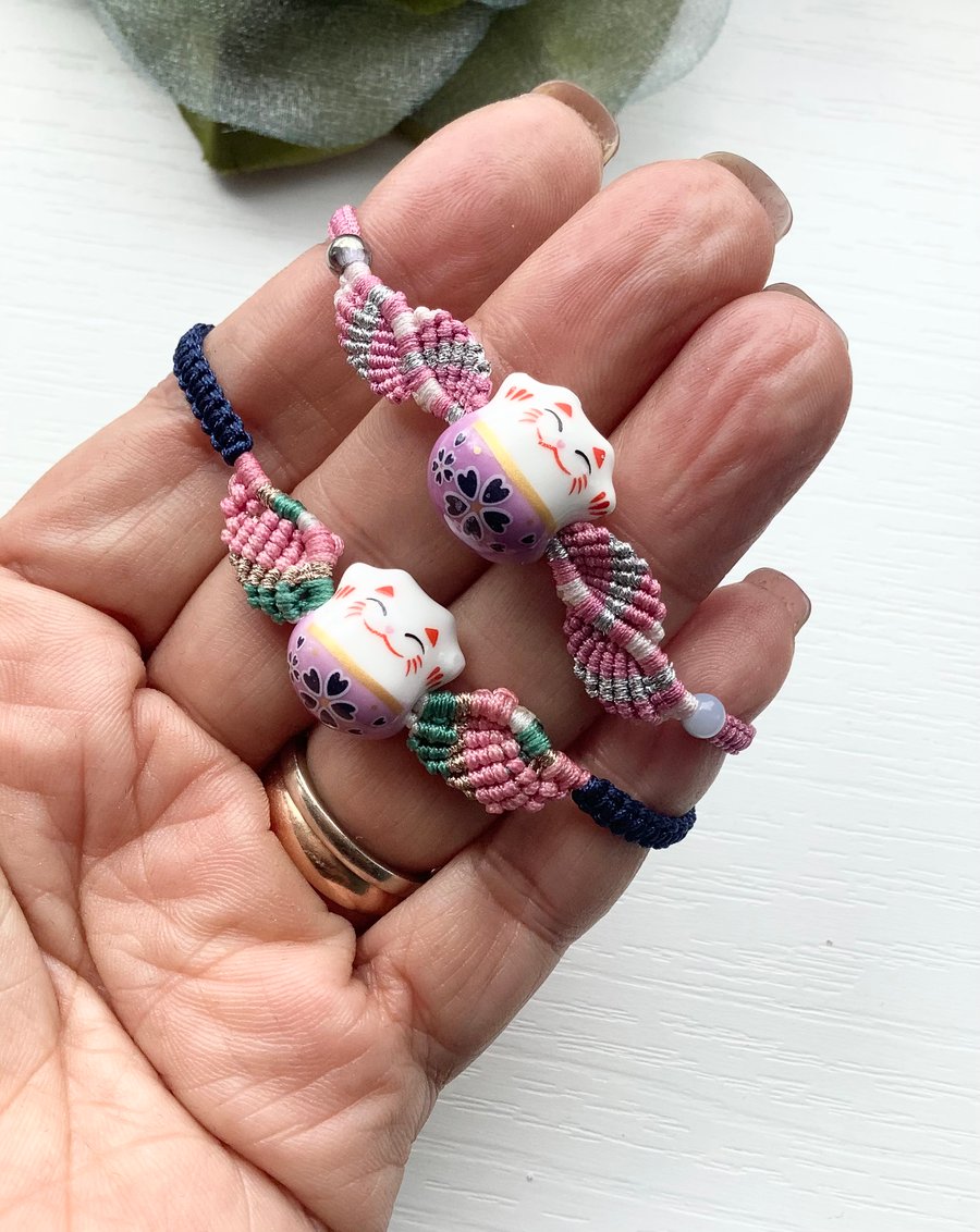 A pair Handmade Lucky Cat Bracelets – Unique Gift Set twins, good friends