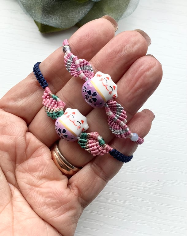 A pair Handmade Lucky Cat Bracelets – Unique Gift Set twins, good friends